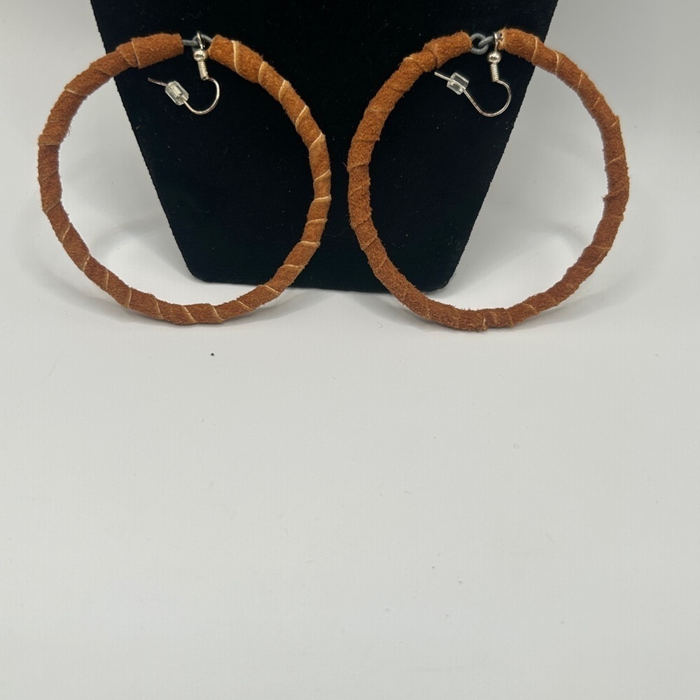 Vintage Boho Leather Brown Wrapped Hoop Earrings Handmade​​​ - Picture 6 of 7